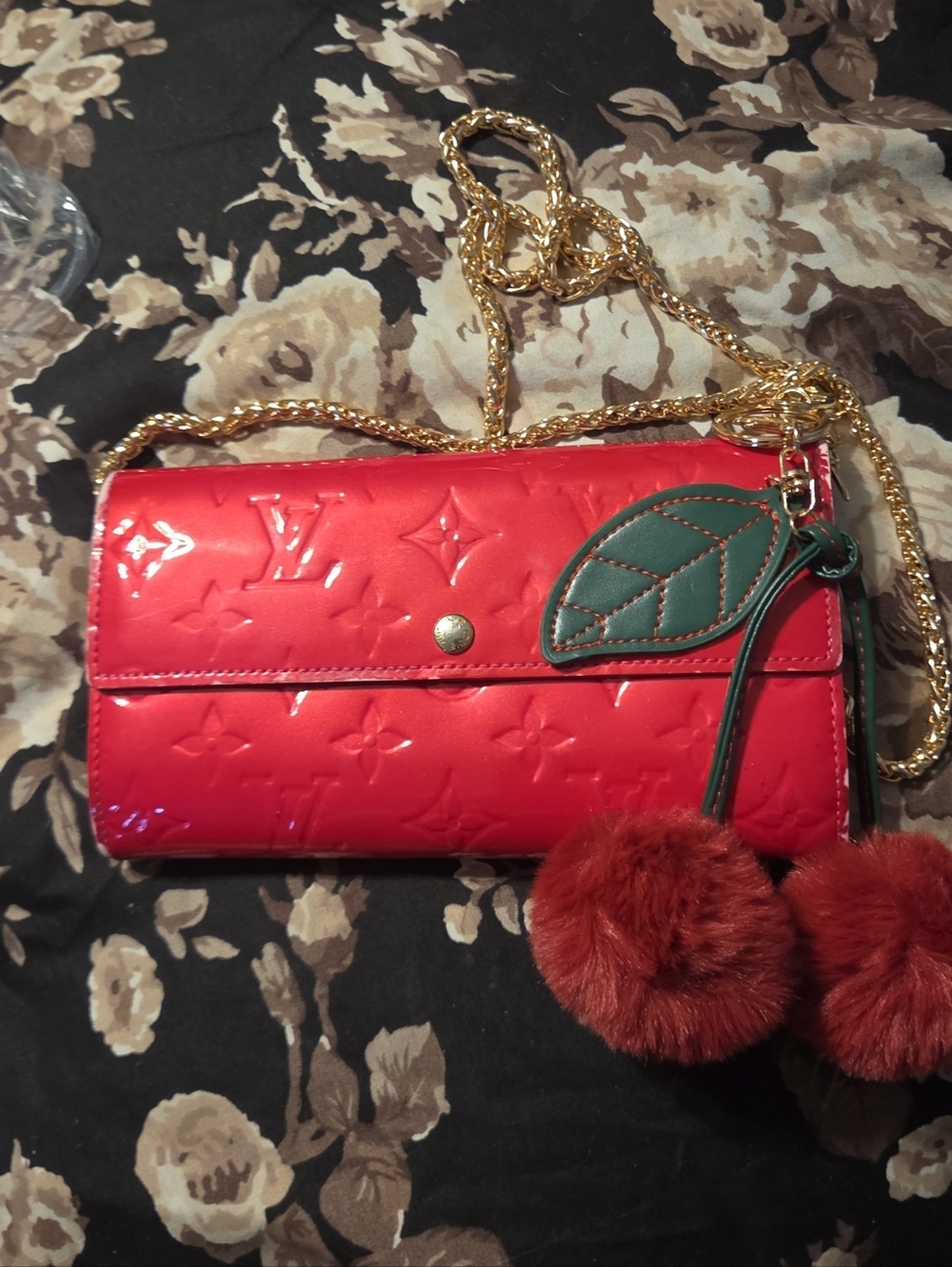 Louis Vuitton Red Vernis Monogram Chain Clutch with Cherry Bag Chain